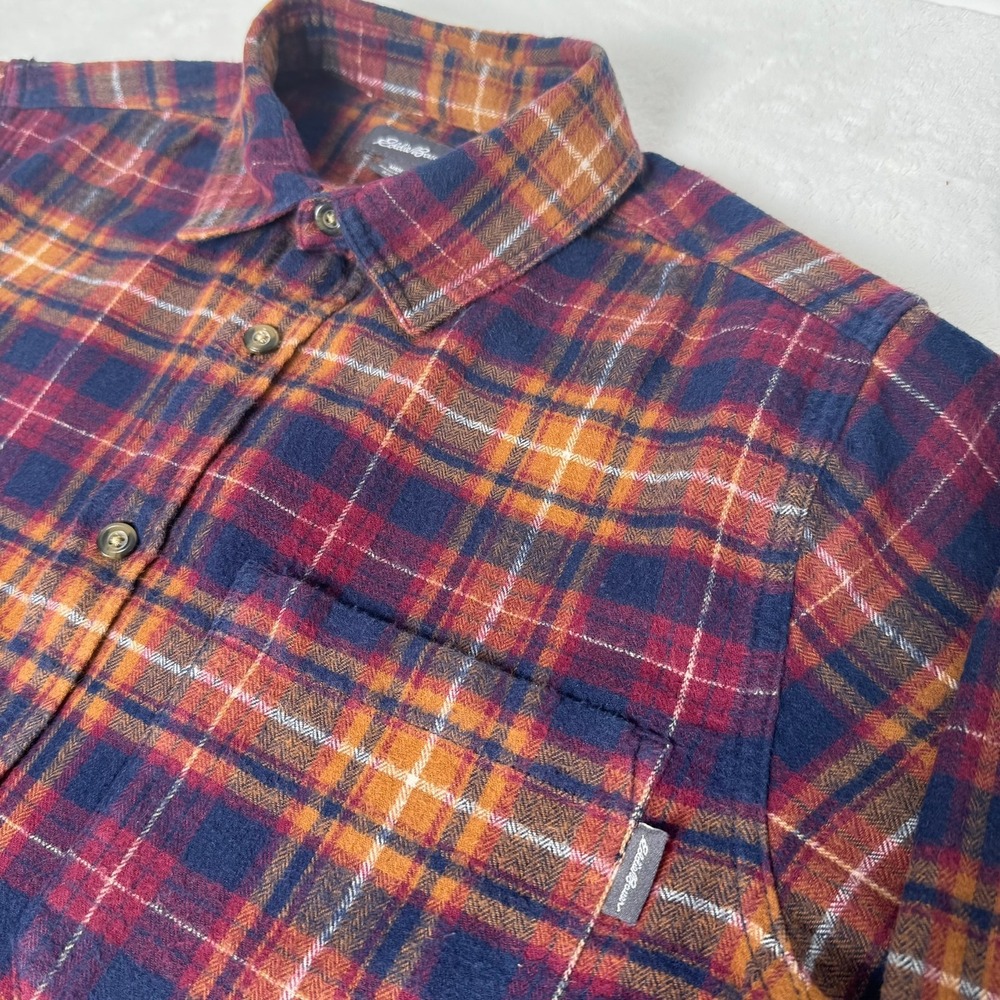Eddie Bauer Mens Small Plaid Flannel Button Down Shirt Burgundy Navy Orange